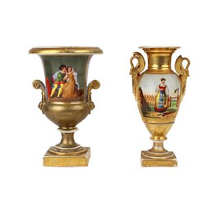Two Paris Porcelain Gilt and Hand-Painted Urns