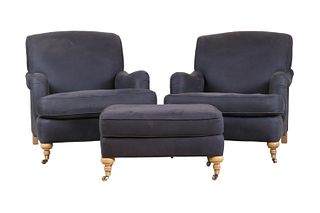 Pair of Blue Upholstered Club Chairs and Ottoman