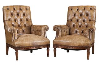 Pair of Brown Tufted Leather Club Chairs
