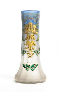 An Enameled Mottled Glass Vase, Height 10 inches.