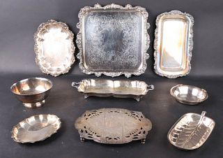 Nine Silver Plated Bowls, Trays, and Trivet