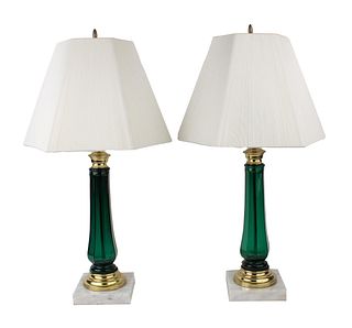 Pair of Green Glass, Brass and Marble Table Lamps