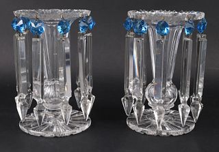 Pair of Cut Glass Lusters with Blue Prisms