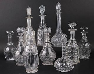 Ten Molded and Cut Glass Decanters