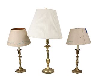 Three Brass Candlestick-Form Table Lamps