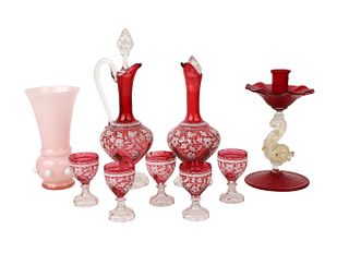 Red and Applied White Glass Cordial Set