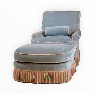 Blue Upholstered Club Chair and Ottoman