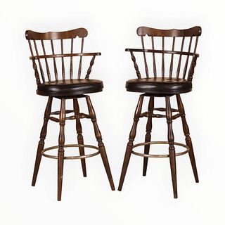 Pair of Oak and Black Leather Barstools