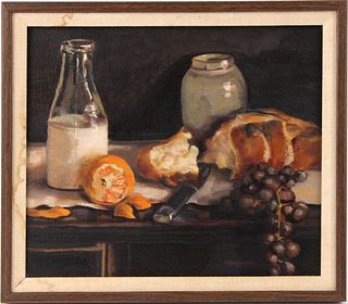 Oil on Canvas, Still Life of Bread and Grapes