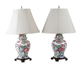 Pair of Floral-Decorated Ginger Jar Table Lamps