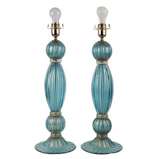 Pair of Parcel-Gilt Blue Glass Table Lamps