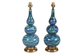 Pair of Blue and Green Glazed Ceramic Table Lamps