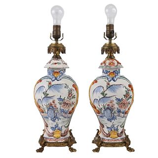 Pair of Majolica Glazed Porcelain Table Lamps
