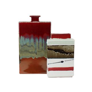 Two Tall Rectangular Red Vases