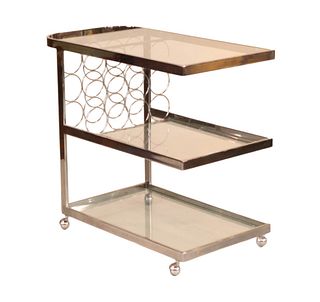 Modern Chrome and Glass Bar Cart with Wine Bottle