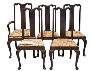 Set of Five Oak Queen Anne Style Dining Chairs