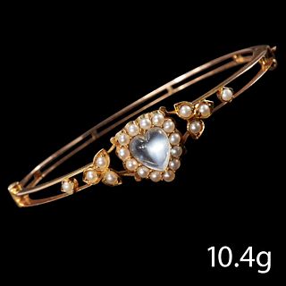 ANTIQUE MOONSTONE AND PEARL HEART HINGED BANGLE, 