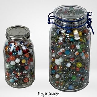 Two Jars Full of Various Colorful Marbles