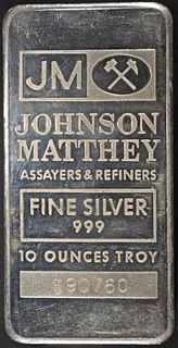 (1) 10 OZ .999 SILVER JOHNSON MATTHEY BAR