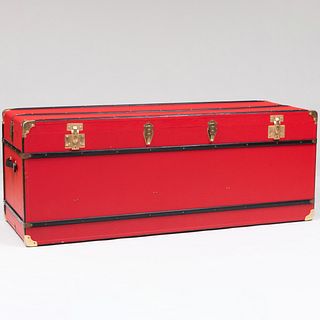 Large French Brass-Mounted Red Faux Leather Trunk, Ets Bernard, R.D.B.