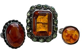 Vintage Amber & Sterling Rings 