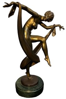 Signed Art Deco Nude Scarf Dancer Bronze Sculpture