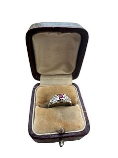 Art Deco 14k Gold Diamond Ruby Ring in org ring box