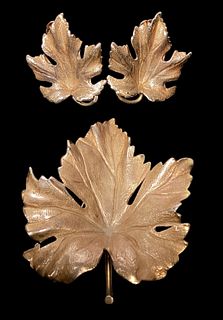 14k Gold Leaf Brooch and Earrings
