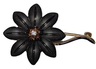 Victorian Mourning 14K Gold & Diamond Flower Brooch Pin 