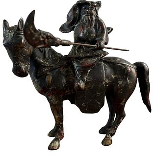 Chinese Cast Metal Deity on Horseback Sculpture 