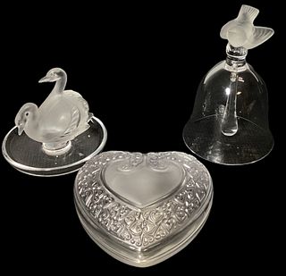 Three LALIQUE Glass Articles, Dinner Bell, Swan Tray, Heart Box 