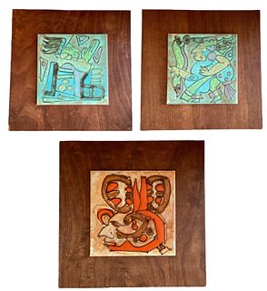 Three HARRIS STRONG Mid Century Teak and Hand Painted Tiles 