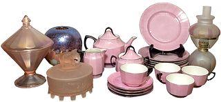 Collection Pink Iridescent Art Glass and Tea Set