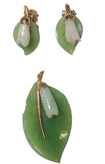 14k Gold and Jade GUMPS Earrings & Brooch Pin 