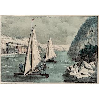 Ice-Boat Race on the Hudson, Hand-Colored Lithograph by Currier and Ives