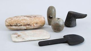 COLLECTION OF SIX ASSORTED STONE TOOLS, AXE AND MACE HEADS