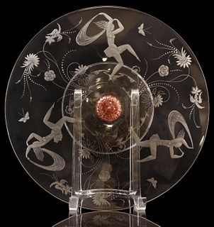 MURANO ENGRAVED GLASS COMPOTE WITH DANCING FIGURES