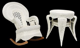 2) VINTAGE WHITE WICKER SIDE TABLE & ROCKING CHAIR