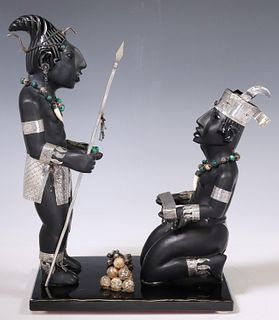 PRE-COLUMBIAN STYLE OBSIDIAN & SILVER SCULPTURE