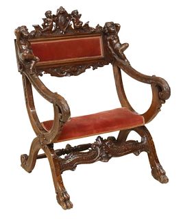 ITALIAN BAROQUE STYLE FIGURAL CARVED ARMCHAIR