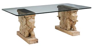 GLASS TOP COFFEE TABLE CARVED ELEPHANT BASE