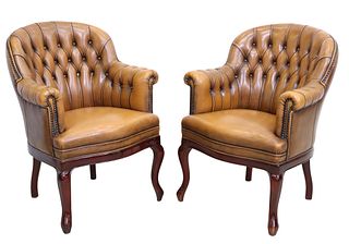 (2) VINTAGE BUTTON-TUFTED LEATHER ARMCHAIRS