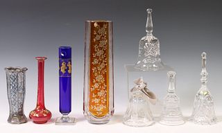 (8) GLASS & CRYSTAL TABLE DECOR, BELLS & VASES