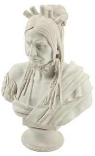 CARVED CARRARA MARBLE BUST OF A NATIVE AMERICAN