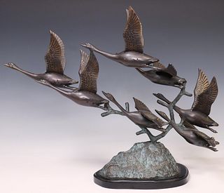PATINATED BRONZE SCULPTURE SEVEN FLYING GEESE
