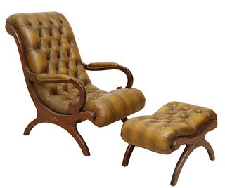 2) CAMPECHE STYLE BUTTONED LEATHER CHAIR & OTTOMAN