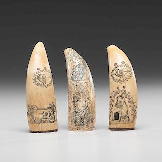 Scrimshaw Whale's Teeth, Polychrome Decorated