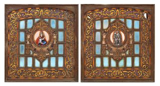 (2) LARGE SPANISH STAINED & LEADED GLASS WINDOWS