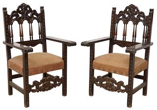 (2) SPANISH BAROQUE STYLE UPHOLSTERED ARMCHAIRS