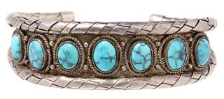 NATIVE AMERICAN SILVER & TURQUOISE CUFF BRACELET
